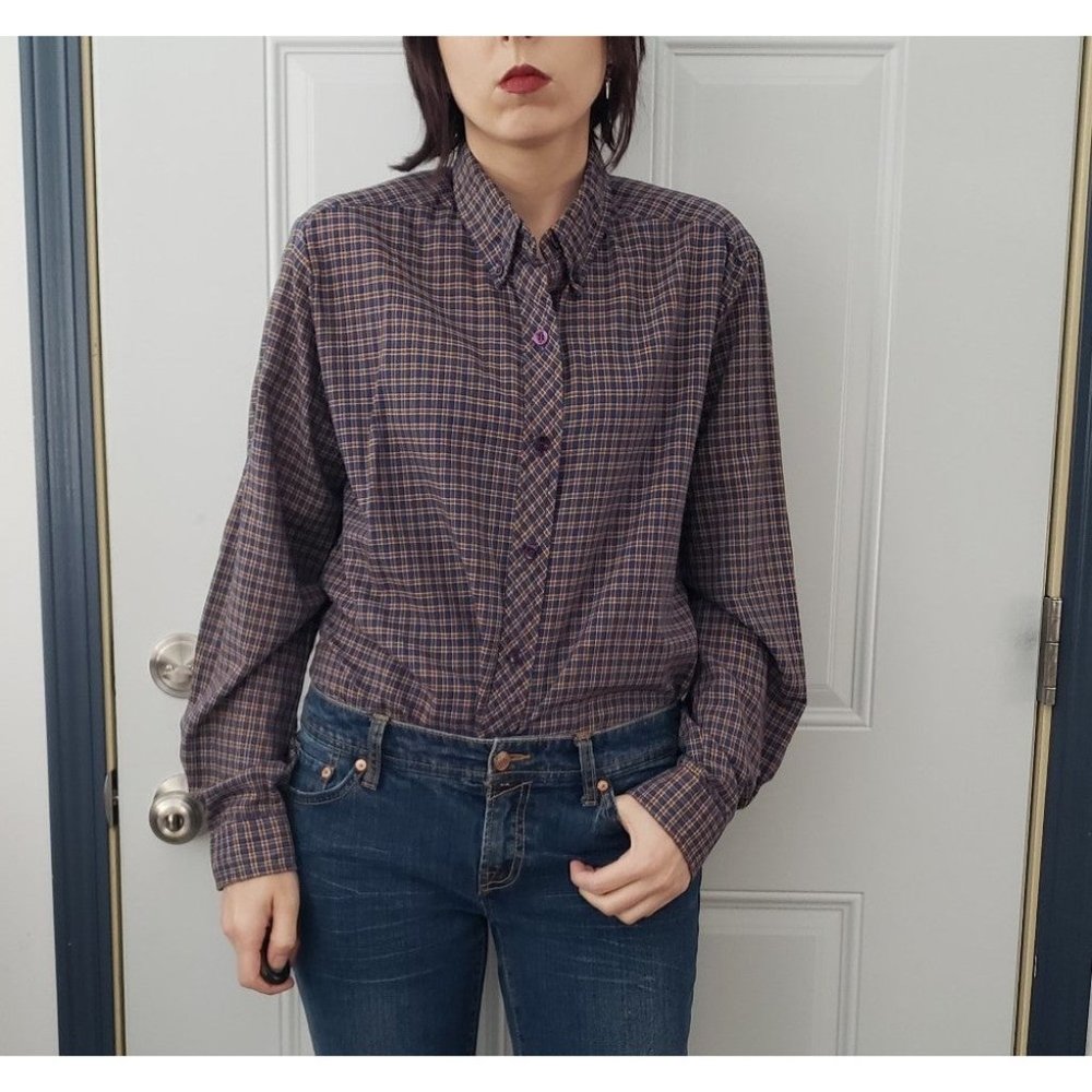 70s Blue and Yellow Plaid Button Down Shirt
